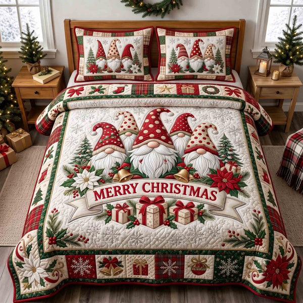Cozy Christmas Gnome quilted 3-piece bedding set on a made bed in a winter-styled bedroom