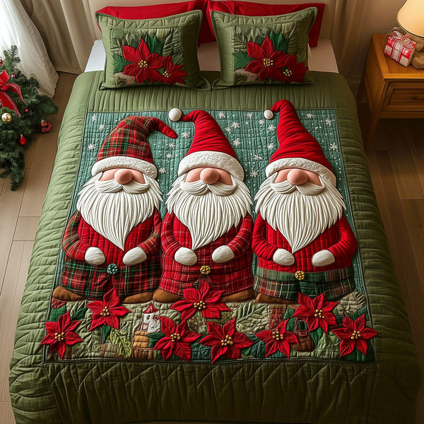 Cozy Christmas Gnome quilted 3-piece bedding set on a made bed in a winter-styled bedroom