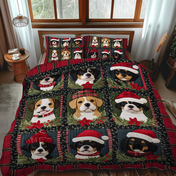 Cozy Christmas Puppies quilted 3-piece bedding set on a made bed in a winter-styled bedroom