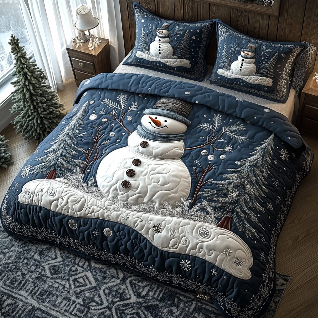 Cozy Christmas quilted 3-piece bedding set on a made bed in a winter-styled bedroom
