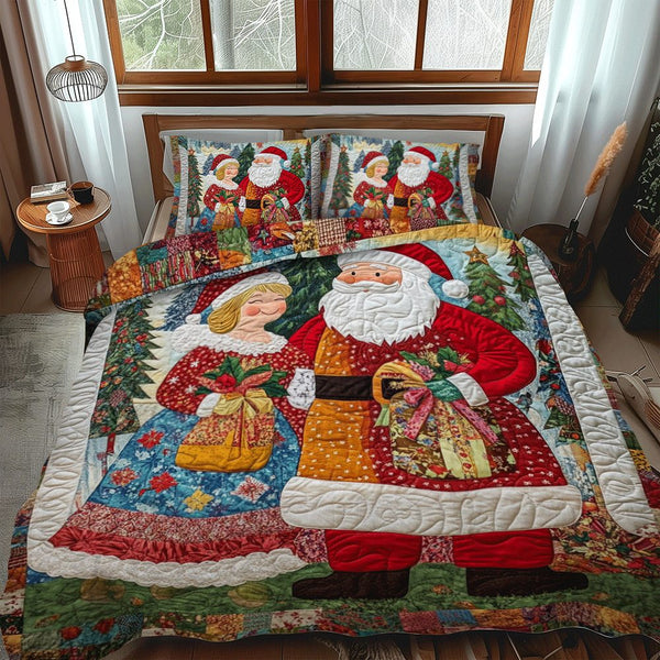 Cozy Christmas Santa quilted 3-piece bedding set on a made bed in a winter-styled bedroom