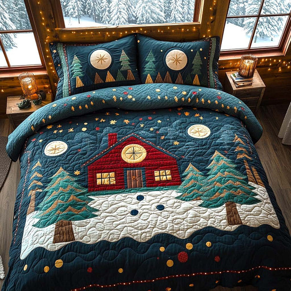 Cozy Christmas Town quilted 3-piece bedding set on a made bed in a winter-styled bedroom
