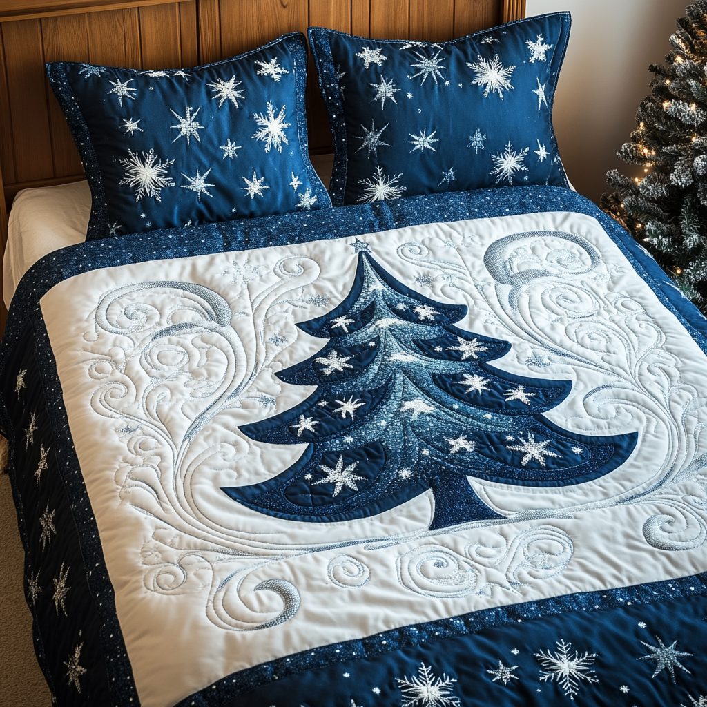 Cozy Christmas Tree quilted 3-piece bedding set on a made bed in a winter-styled bedroom