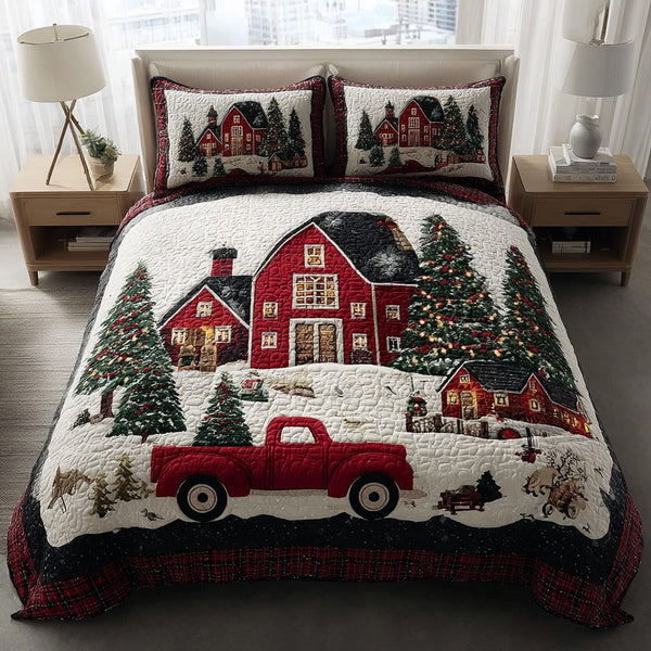 Cozy Christmas Village Truck quilted 3-piece bedding set on a made bed in a winter-styled bedroom