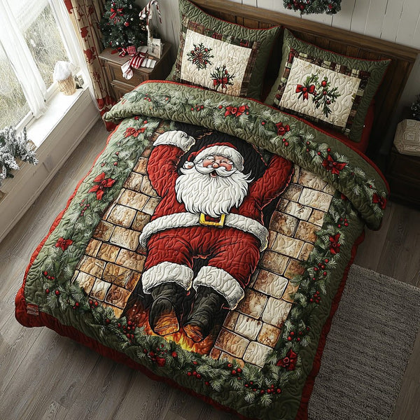 Cozy Claus quilted 3-piece bedding set on a made bed with two matching pillow shams