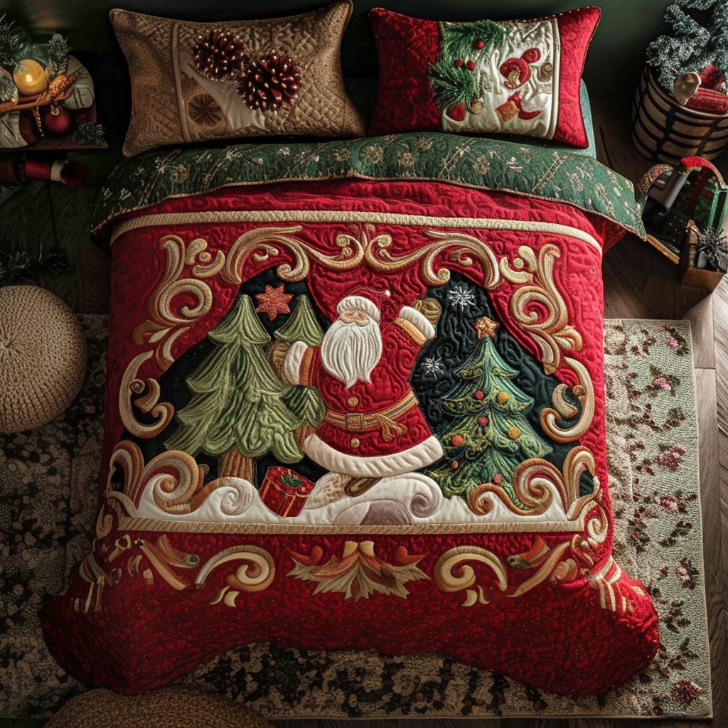 Cozy Claus quilted 3-piece bedding set on a made bed with two matching pillow shams