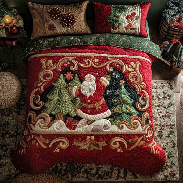 Cozy Claus quilted 3-piece bedding set on a made bed with two matching pillow shams