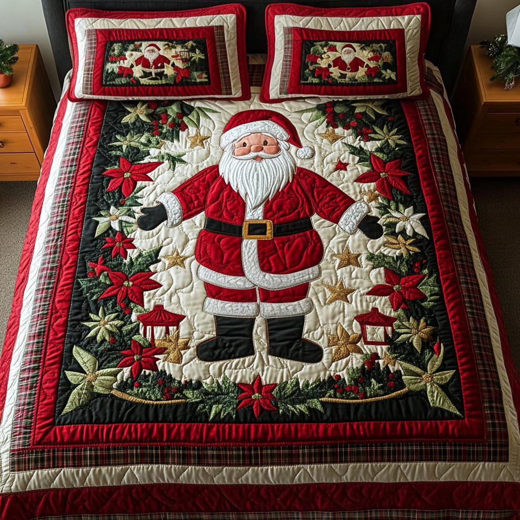 Cozy Claus quilted 3-piece bedding set on a made bed with two matching pillow shams