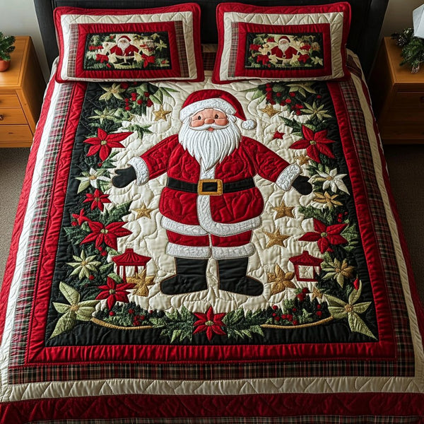 Cozy Claus quilted 3-piece bedding set on a made bed with two matching pillow shams