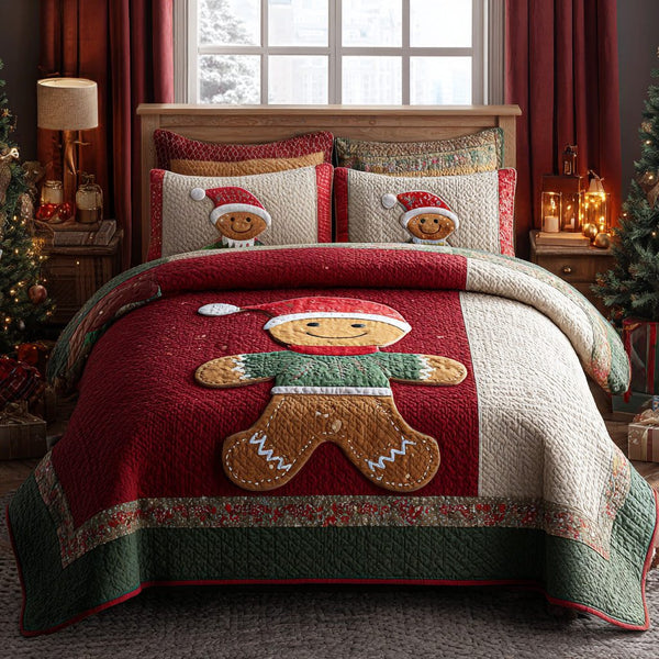 Cozy Cookie Lane quilted 3-piece bedding set on a made bed with two matching pillow shams