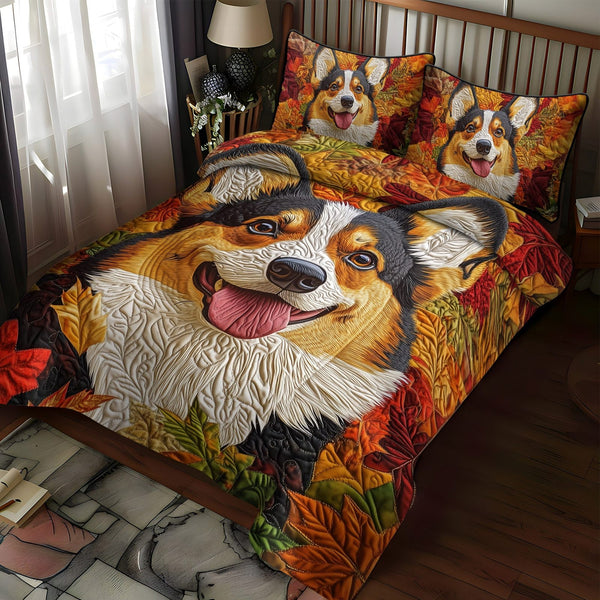 Cozy Corgi quilted 3-piece bedding set on a made bed with two matching pillow shams