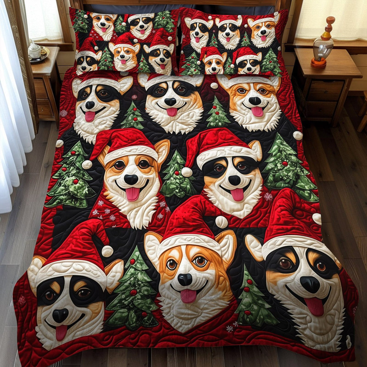 Cozy Corgi Retreat quilted 3-piece bedding set on a made bed with two matching pillow shams