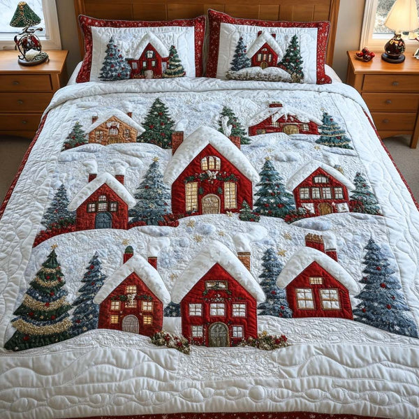 Cozy Cottage Night quilted 3-piece bedding set on a made bed in a farmhouse bedroom