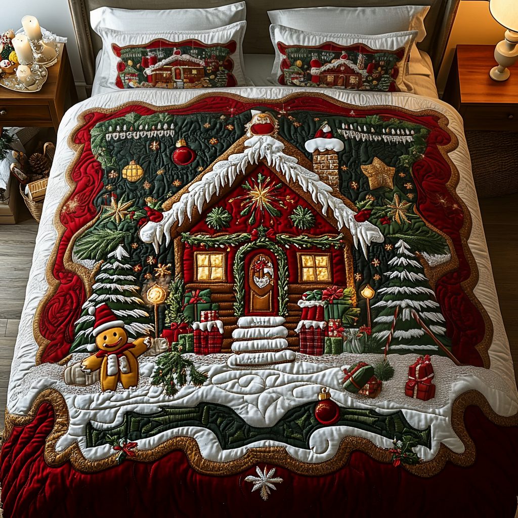 Cozy Cottage quilted 3-piece bedding set on a made bed in a farmhouse bedroom