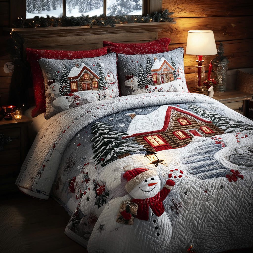 Cozy Cottage quilted 3-piece bedding set on a made bed in a farmhouse bedroom