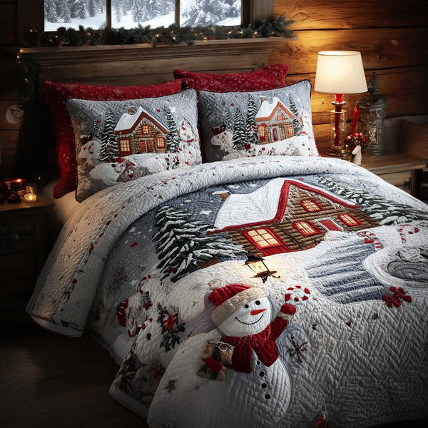 Cozy Cottage quilted 3-piece bedding set on a made bed in a farmhouse bedroom