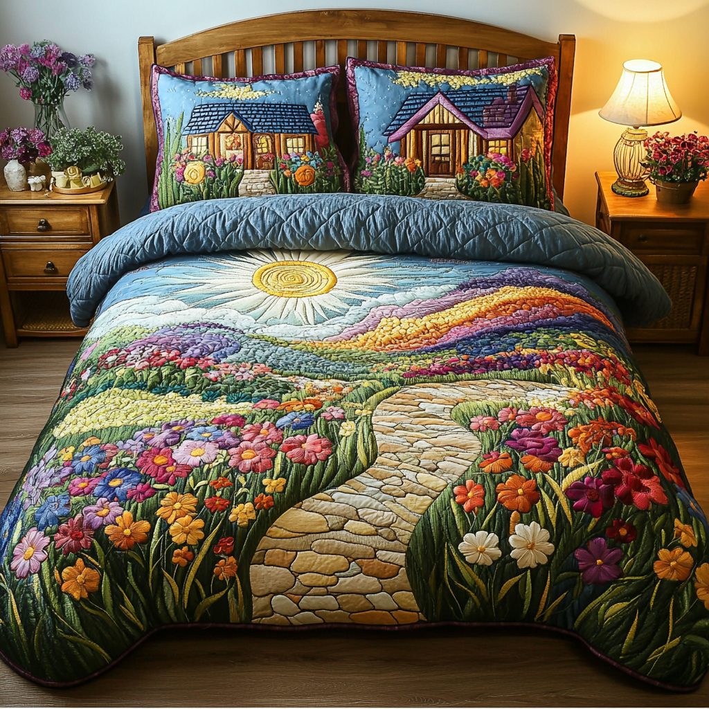 Cozy Cottage Walk quilted 3-piece bedding set on a made bed in a farmhouse bedroom