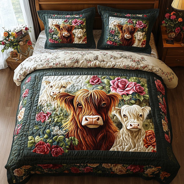 Cozy Cow quilted 3-piece bedding set on a made bed with two matching pillow shams