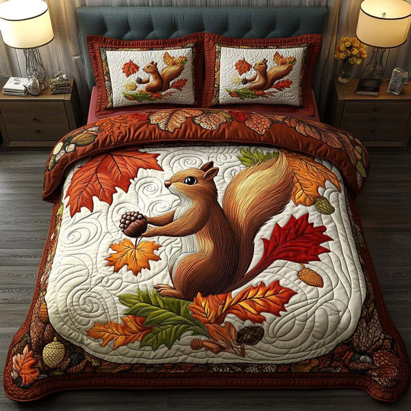 Cozy Critter Woods quilted 3-piece bedding set on a made bed with two matching pillow shams