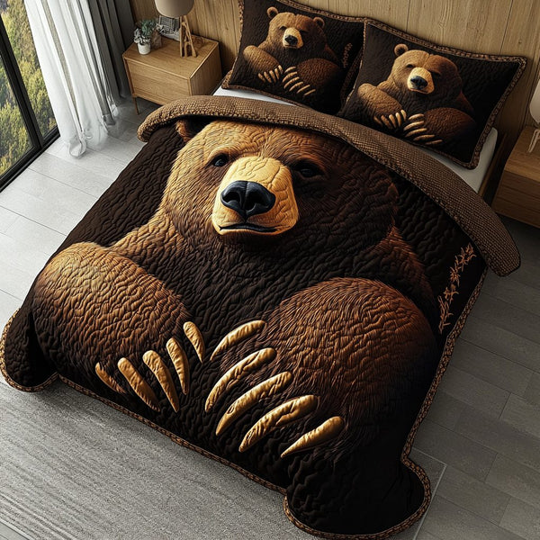 Cozy Cub quilted 3-piece bedding set on a made bed with two matching pillow shams