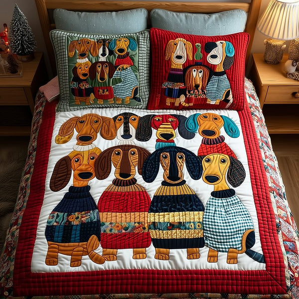 Cozy Dachshund Crew quilted 3-piece bedding set on a made bed with two matching pillow shams