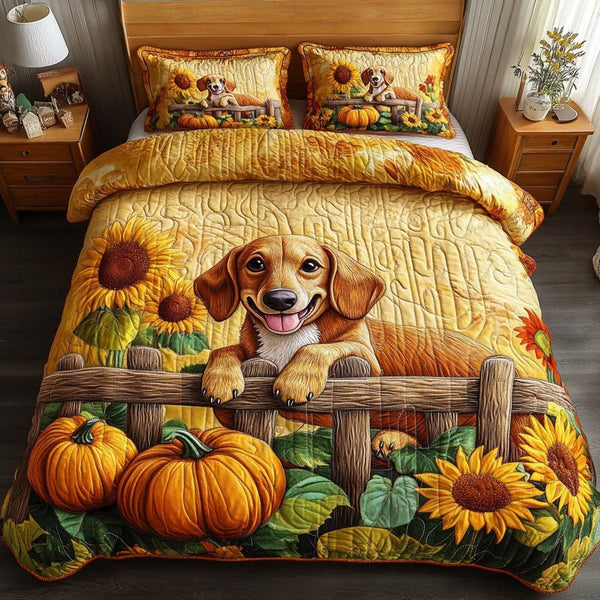 Cozy Dachshund quilted 3-piece bedding set on a made bed with two matching pillow shams