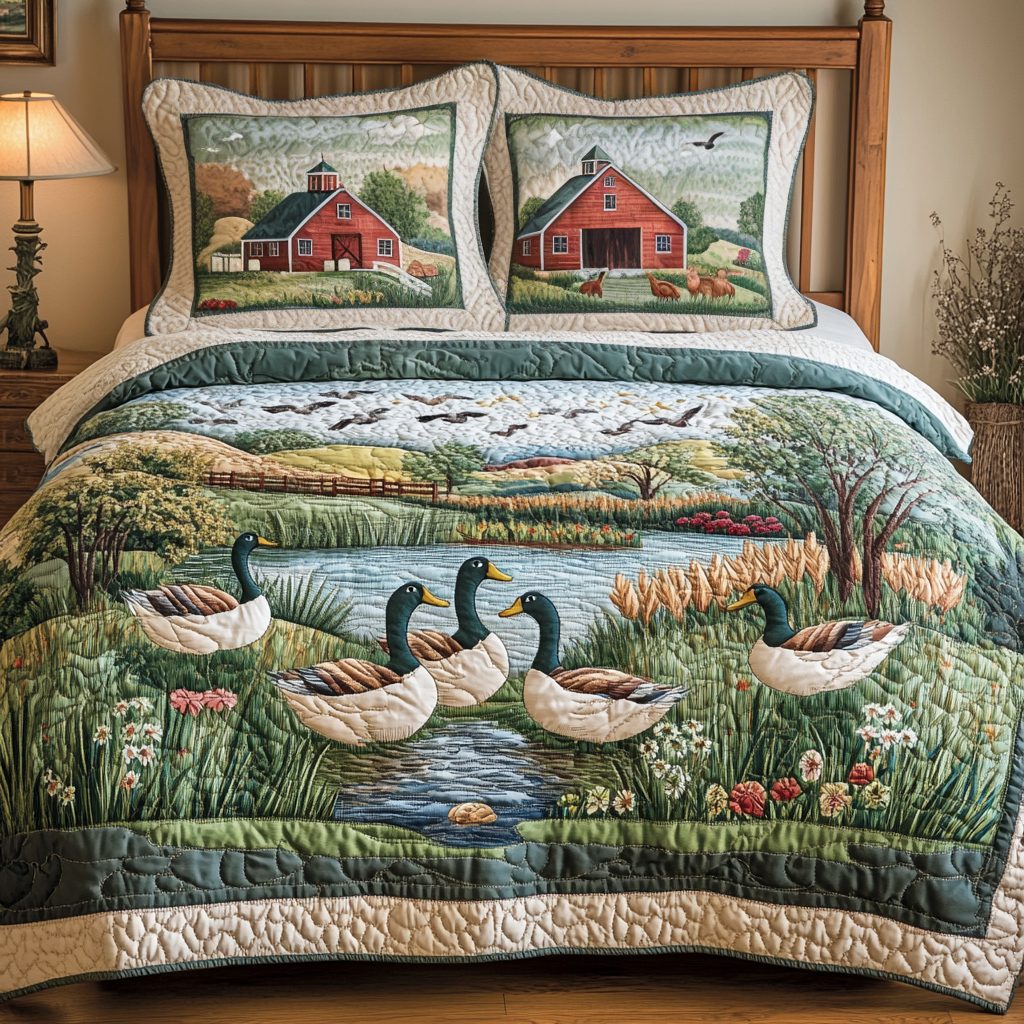 Cozy Ducks quilted 3-piece bedding set on a made bed with two matching pillow shams