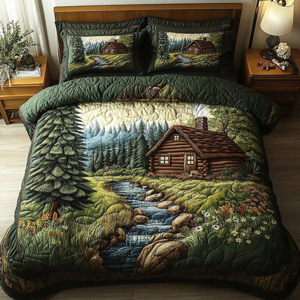 Cozy Dwelling quilted 3-piece bedding set on a made bed with two matching pillow shams
