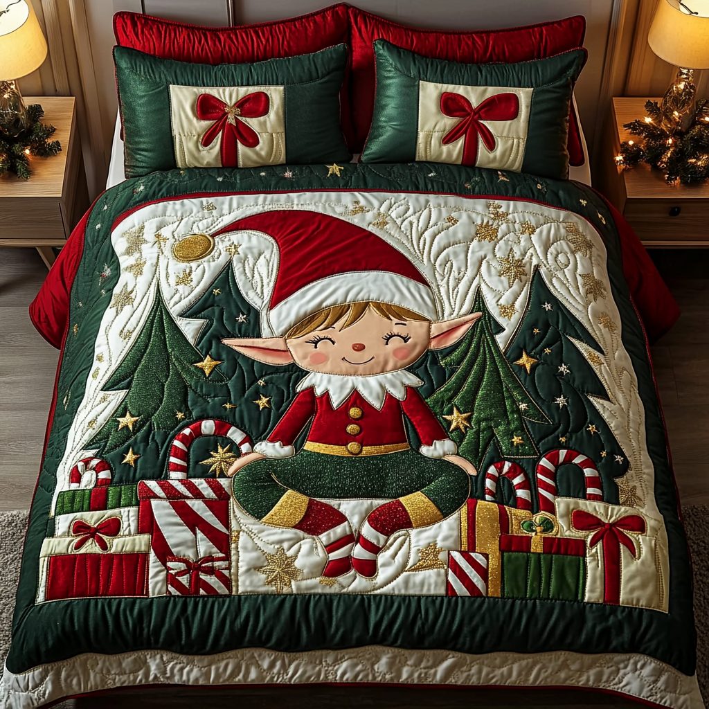 Cozy Elf quilted 3-piece bedding set on a made bed in a winter-styled bedroom