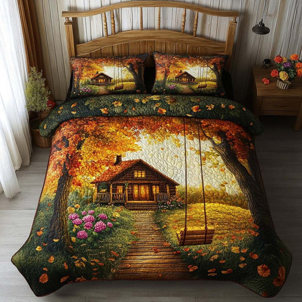Cozy Escape quilted 3-piece bedding set on a made bed with two matching pillow shams