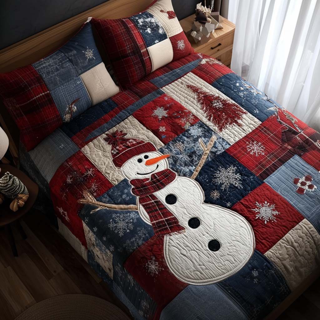 Cozy Evening quilted 3-piece bedding set on a made bed with two matching pillow shams