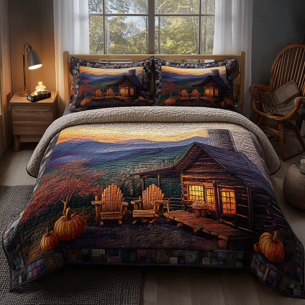 Cozy Fall quilted 3-piece bedding set on a made bed with two matching pillow shams