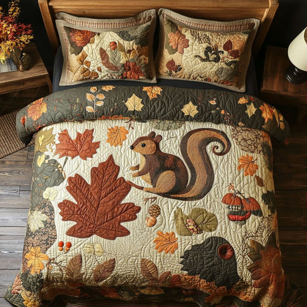 Cozy Fall Squirrel quilted 3-piece bedding set on a made bed with two matching pillow shams