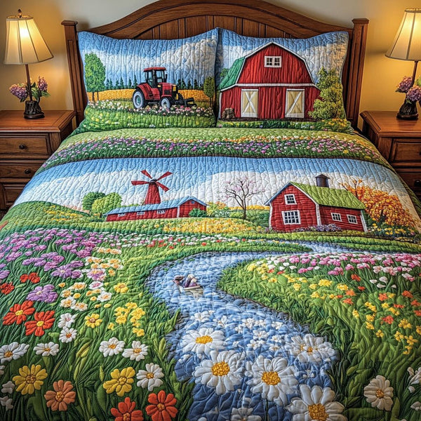 Cozy Farm Life quilted 3-piece bedding set on a made bed with two matching pillow shams
