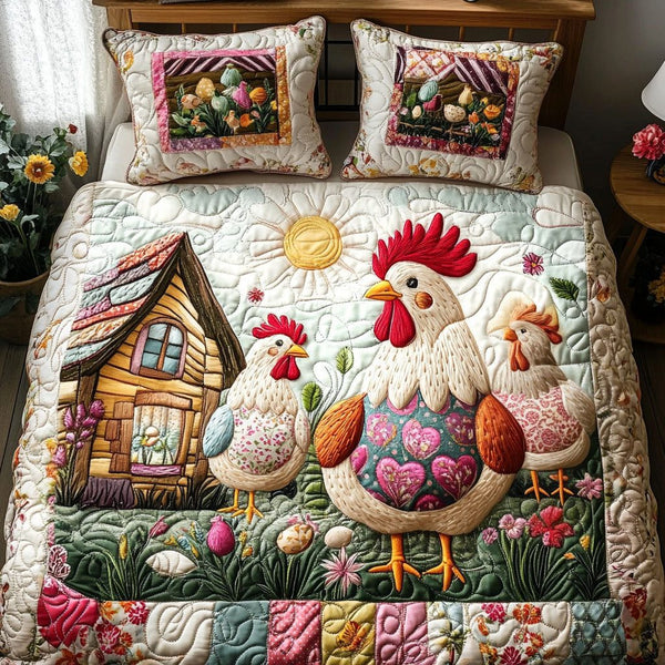 Cozy Farmyard quilted 3-piece bedding set on a made bed with two matching pillow shams