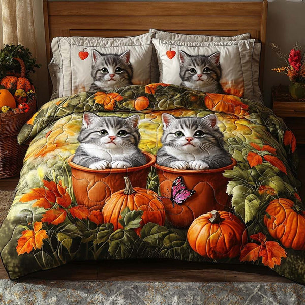 Cozy Feline Fall quilted 3-piece bedding set on a made bed with two matching pillow shams