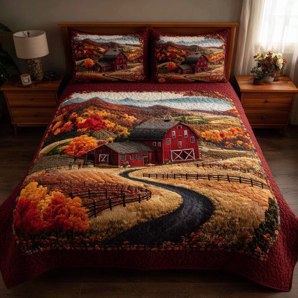 Cozy Fields quilted 3-piece bedding set on a made bed with two matching pillow shams