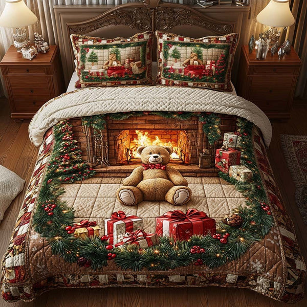 Cozy Fireplace quilted 3-piece bedding set on a made bed with two matching pillow shams