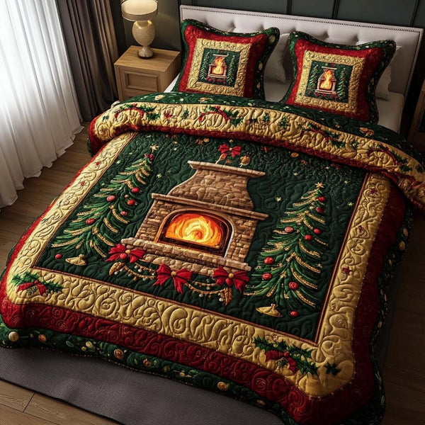 Cozy Fireplace quilted 3-piece bedding set on a made bed with two matching pillow shams