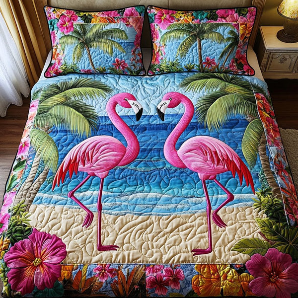 Cozy Flamingo quilted 3-piece bedding set on a made bed with two matching pillow shams