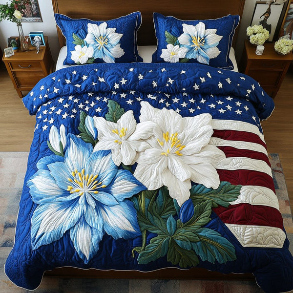 Cozy Flora quilted 3-piece bedding set on a made bed with two matching pillow shams