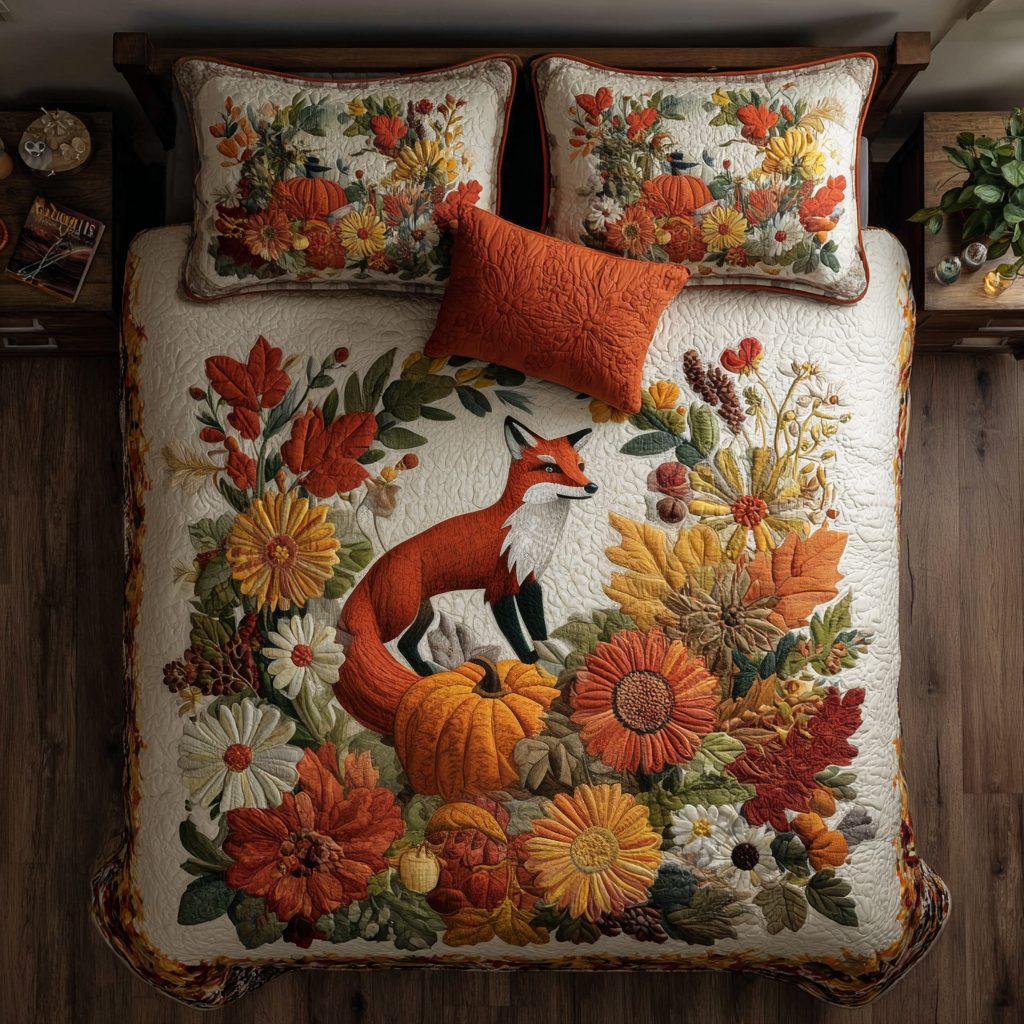 Cozy Fox Days quilted 3-piece bedding set on a made bed with two matching pillow shams