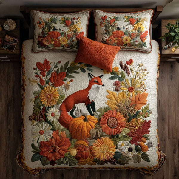 Cozy Fox Days quilted 3-piece bedding set on a made bed with two matching pillow shams
