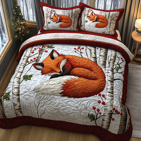 Cozy Fox Den quilted 3-piece bedding set on a made bed with two matching pillow shams