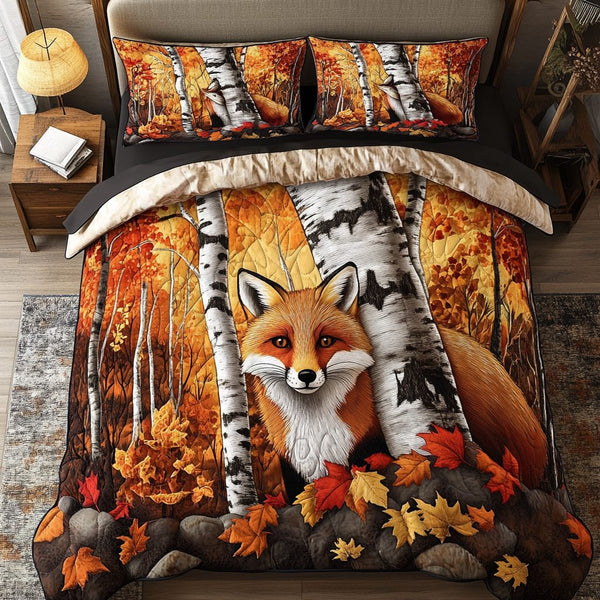 Cozy Fox quilted 3-piece bedding set on a made bed with two matching pillow shams