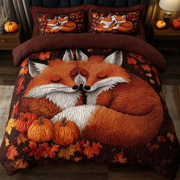 Cozy Foxes quilted 3-piece bedding set on a made bed with two matching pillow shams
