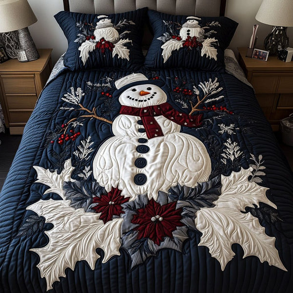 Cozy Frost Charm quilted 3-piece bedding set on a made bed in a winter-styled bedroom