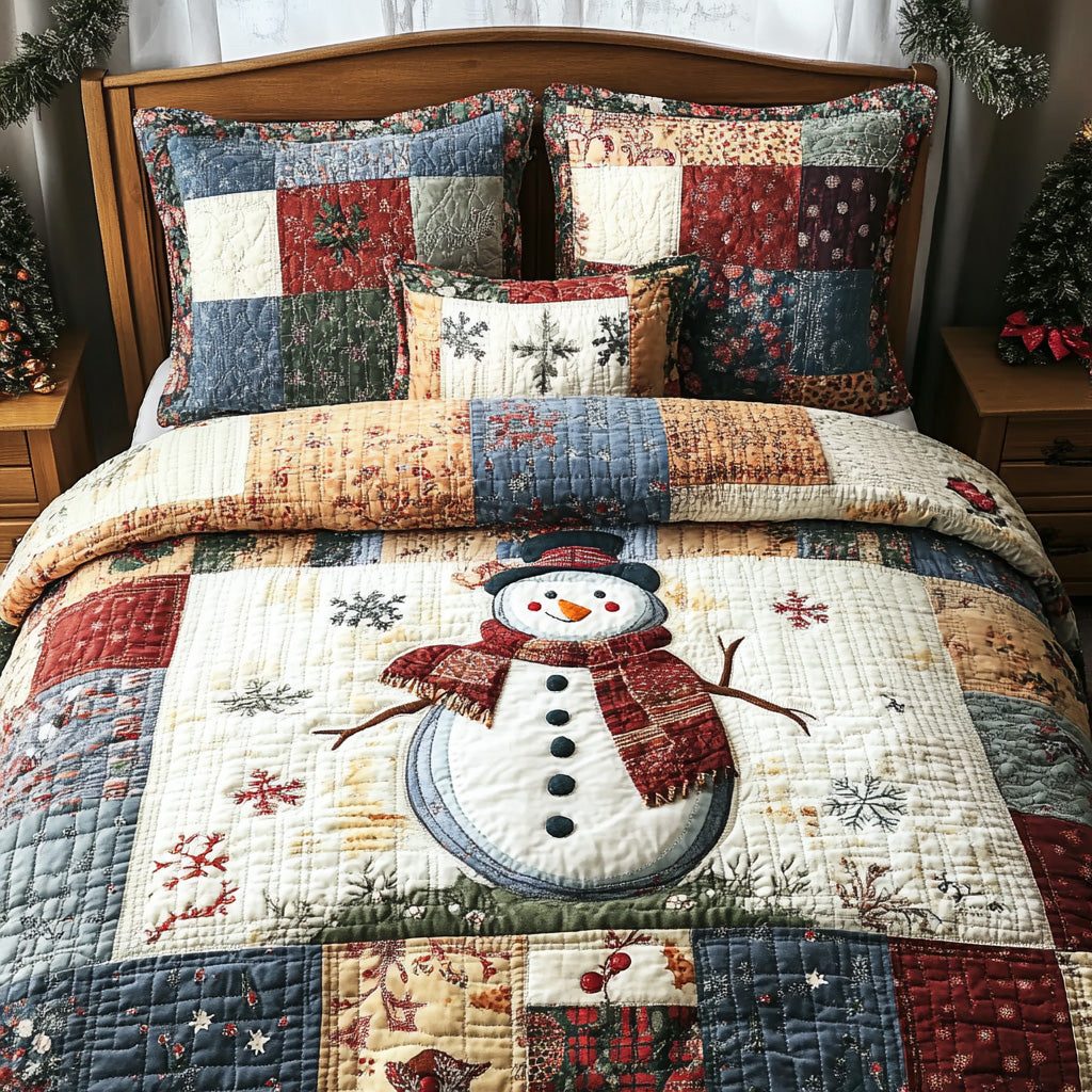 Cozy Frost quilted 3-piece bedding set on a made bed in a winter-styled bedroom