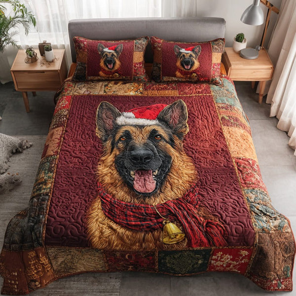 Cozy German Shepherd quilted 3-piece bedding set on a made bed with two matching pillow shams