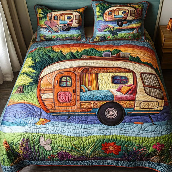Cozy Getaway quilted 3-piece bedding set on a made bed with two matching pillow shams